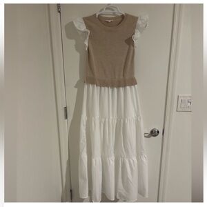 Elegant Tan and White Midi Dress